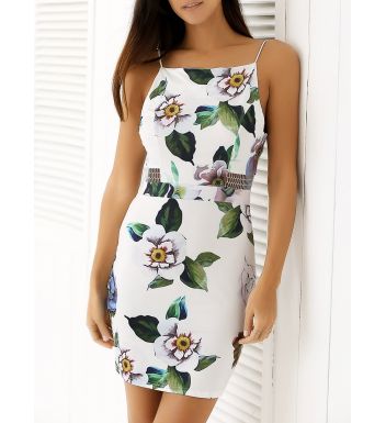Spaghetti Strap Print Backless Bodycon Dress